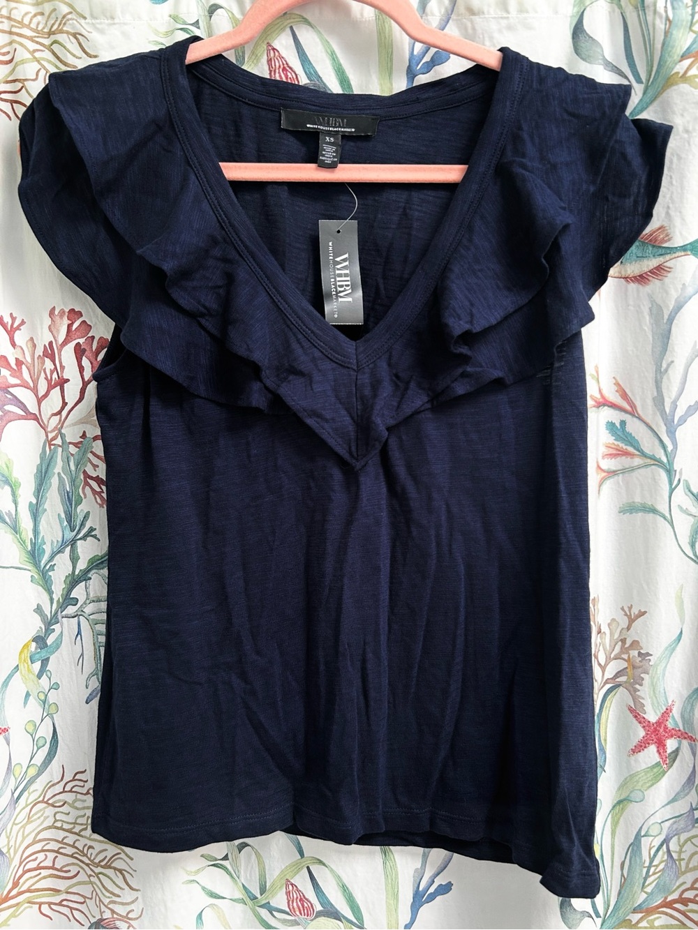 White House Black Market Ruffle Neck Tee in Officer Blue